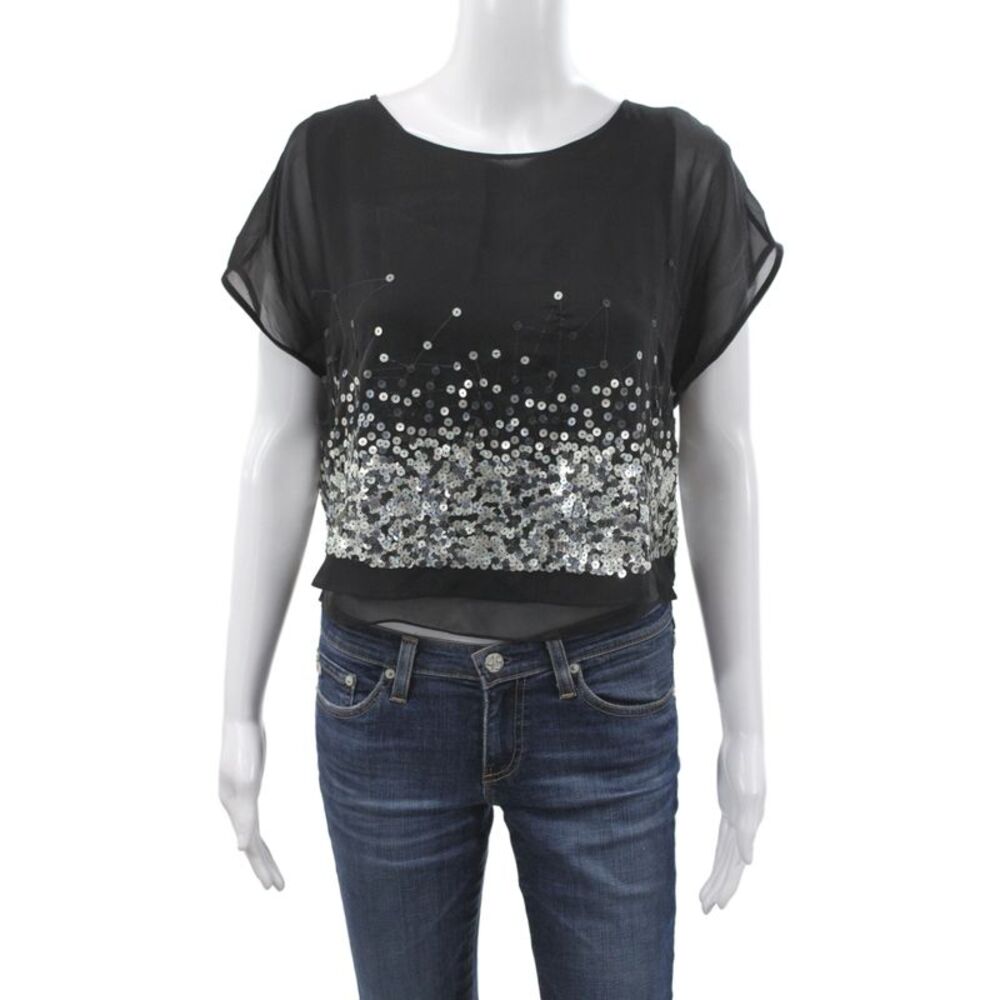 Robert Rodriguez Women Cropped Silk Sequined Blouse Black Sleeveless Size 8